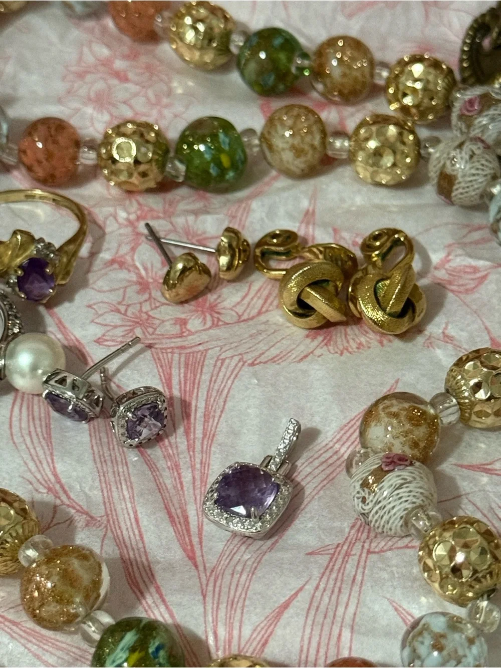 Vintage Rosary Beads(Multicolor Glass & Gold Bead Necklace) Bundle